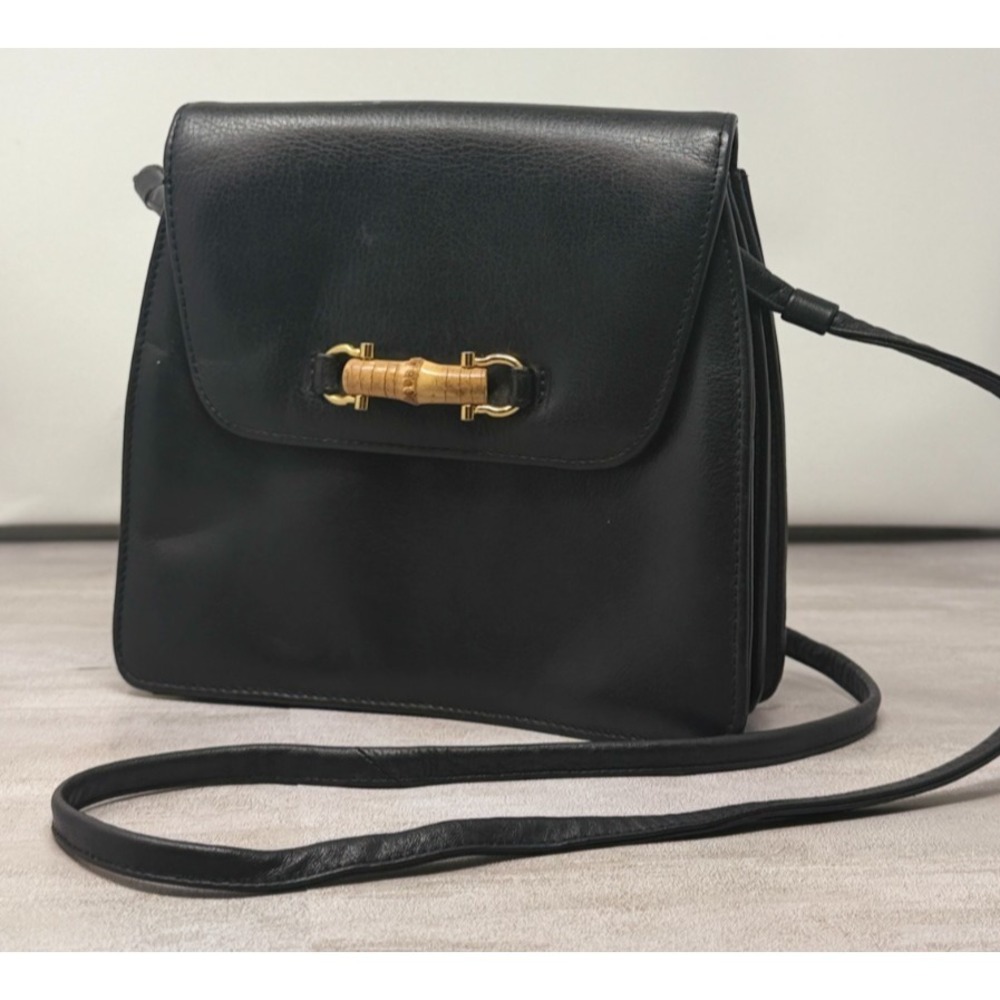 Vintage GANSON Black Leather Bamboo Horsebit Flap Crossbody Shoulder Bag